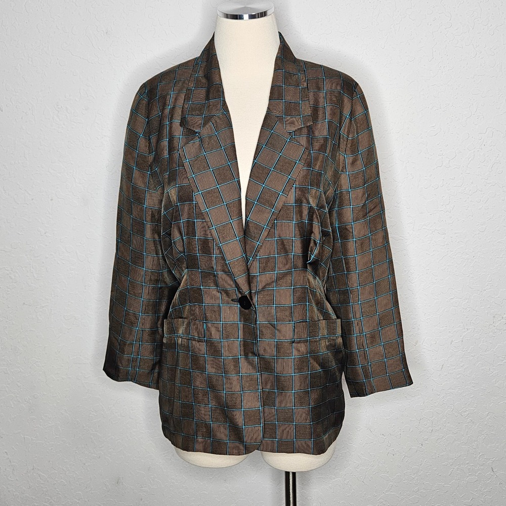 Paul‎ Alexander Vintage 100% Silk Blazer Brown Turquoise Blue Grid Plaid Size 6